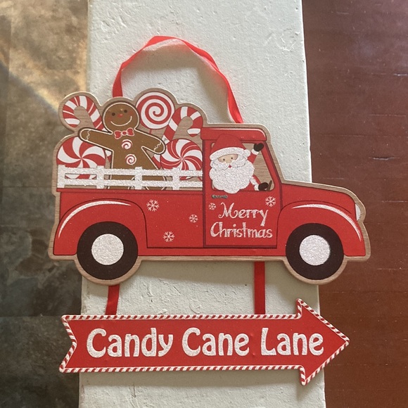 NWT Wooden Glitter Merry Christmas Santa Truck Candy Cane Lane➡️ Decoration Sign - Picture 9 of 12